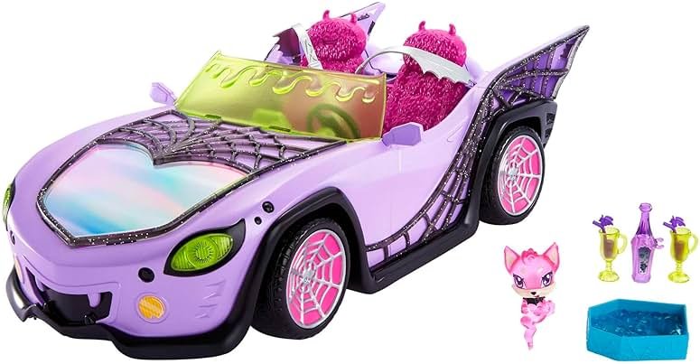 Monster High Toy Car, Ghoul Mobile with Pet and Cooler Accessories, Purple Convertible with Spiderweb Details - Product Image