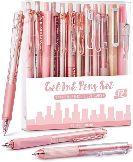Four Candies Rose Series Gel Pens, Cute Writing Pens with Black & Pink Ink, 0.5 mm Smooth Fine Point, School Office Supplies Girly Stationery Aesthetic Desk Accessories for Women, Set of 12 - Product Image
