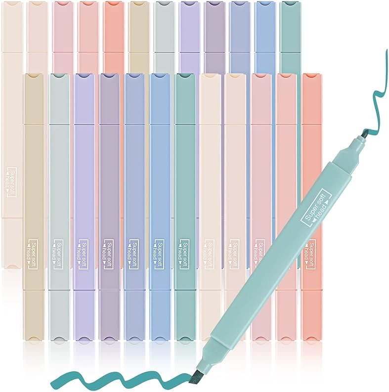 Meanplan 24 Pcs Aesthetic Cute Highlighters Double Ended Highlighter Mild Assorted Colors Pastel Highlighter with Soft Chisel Tip Pastel Markers No Bleed for Journal School(Vivid Color, Classical) - Product Image