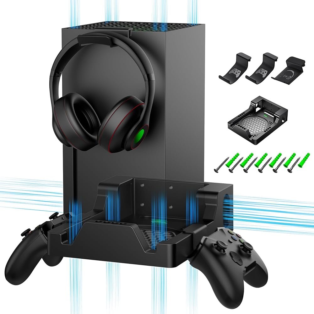 Wall Mount for Xbox Series X - Sturdy Wall Shelf Kit with 2 Controller Holders & 1 Headset Hook, Space Saving, Dual Ventilation Design, Easy Installation, Securely Mount Xbox Console Near or Behind TV - Product Image