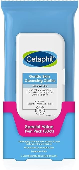 Cetaphil Face and Body Wipes, Gentle Skin Cleansing Cloths, 50 Count, Twin Pack, for Dry, Sensitive Skin, Flip Top Closure, Great for the Gym, Travel, in the Car, Hypoallergenic, Fragrance Free - Product Image