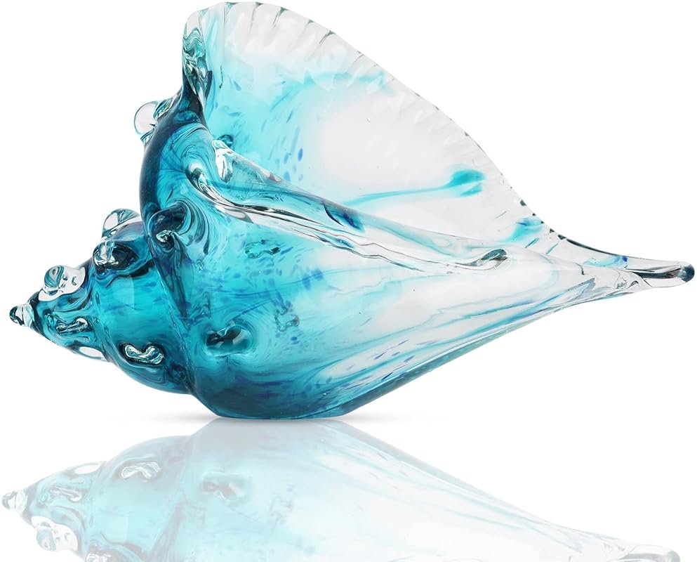 Hand-blown glass conch sculpture, modern green sea glass art decorative conch statue, coastal decor shell sculpture, suitable for living room TV cabinets, offices, shelf decorations and ornaments. - Product Image