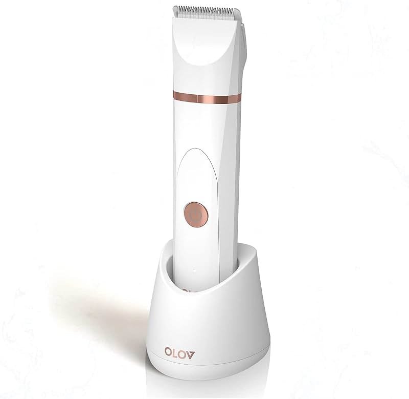 OLOV Electric Body Hair Trimmer - Groin Trimmer for Men - Bikini Trimmer Women - Wet/Dry Shaver Groomer, Replaceable Ceramic Blade Heads, USB Recharge Dock, Waterproof Hygiene Razor, White - Product Image