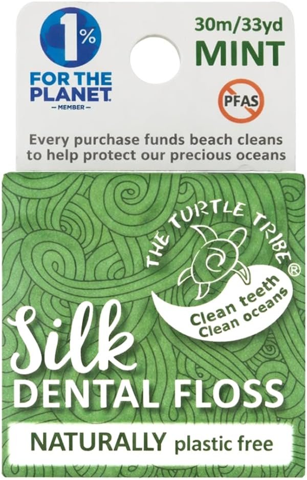 The Turtle Tribe® Natural Dental Floss, 33 Yards, 100% Pure Silk Floss, Plastic Free, PFAS Free, Funding Beach Cleans to Protect Our Precious Oceans, Mint Flavour - Product Image