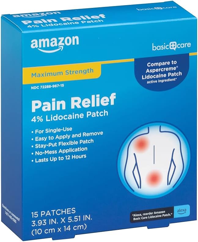 Amazon Basic Care Maximum Strength OTC Pain Relief , 4% Lidocaine Patch, 3.9” x 5.5”, 15-Count Box (Previously HealthWise) - Product Image