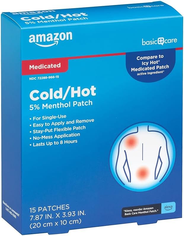 Amazon Basic Care Maximum Strength Pain Relieving Medicated Cold Hot 5% Menthol Patch for Muscle and Joint Pain Relief, 7.87" x 3.93", 15-Count Box (Previously HealthWise) - Product Image