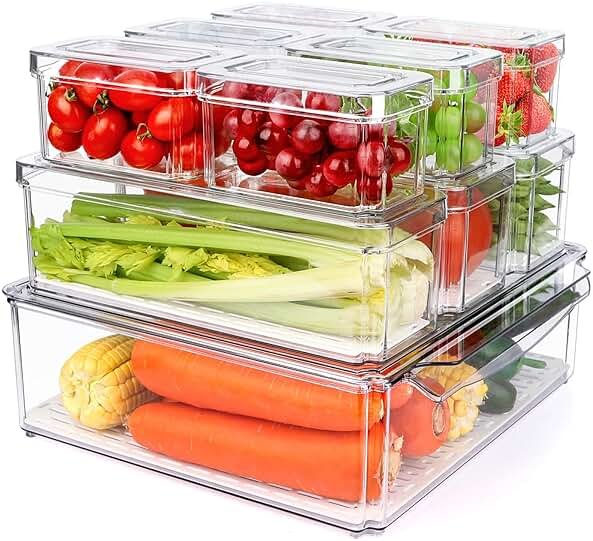 10 Pack Refrigerator Pantry Organizer Bins, Stackable Fridge Organizer Bins with Lids, Clear Plastic Food Storage Bins for Kitchen, Countertops, Cabinets, Fridge, Drinks, Fruits, Vegetable, Cereals - Product Image
