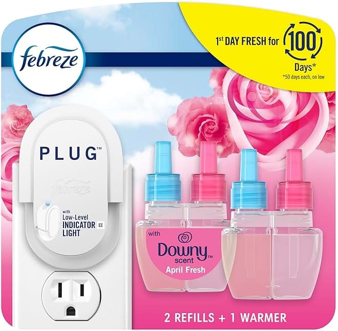 Febreze Plug-In Air Freshener, Odor-Fighting Scented Oil Starter Kit, Air Fresheners for Home and Bathroom and Kitchen, Long Lasting for Strong Odors, Downy April Fresh Scent, Warmer + 2 Refill - Product Image