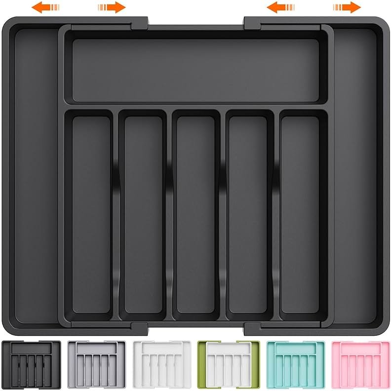 Lifewit Silverware Drawer Organizer, Expandable Utensil Tray for Kitchen, BPA Free Flatware and Cutlery Holder, Adjustable Plastic Storage for Spoons Forks Knives, 13-22 x 15", Black - Product Image