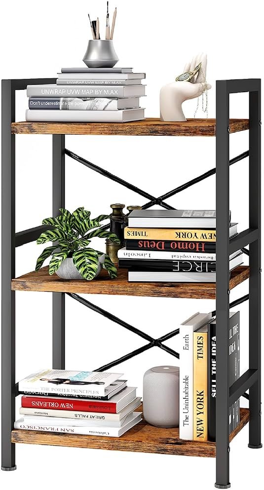 Homeiju Bookshelf, 3 Tier Industrial Bookcase, Metal Small Bookcase, Rustic Etagere Book Shelf Storage Organizer for Living Room, Bedroom, and Home Office(Rustic Brown) Patent Pending D29873033 - Product Image