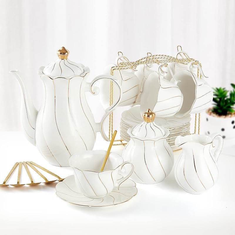 DUJUST 22pcs Porcelain Tea Set with Golden Trim, British Tea Set - White - Product Image