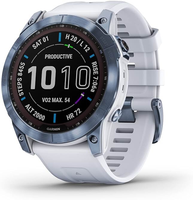 Garmin Fenix 7X Sapphire Solar, Adventure Smartwatch, w/Solar Charging Capabilities, Rugged Outdoor GPS Watch, Touchscreen, Wellness Features, Mineral Blue Titanium w/Whitestone Band (Renewed) - Product Image