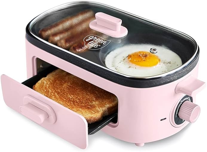 GreenLife 3-in-1 Breakfast Maker Station, Healthy Ceramic Nonstick Dual Griddles for Eggs Meat Sausage Bacon Pancakes and Breakfast Sandwiches, 2 Slice Toast Drawer, Easy-to-use Timer, Pink - Product Image