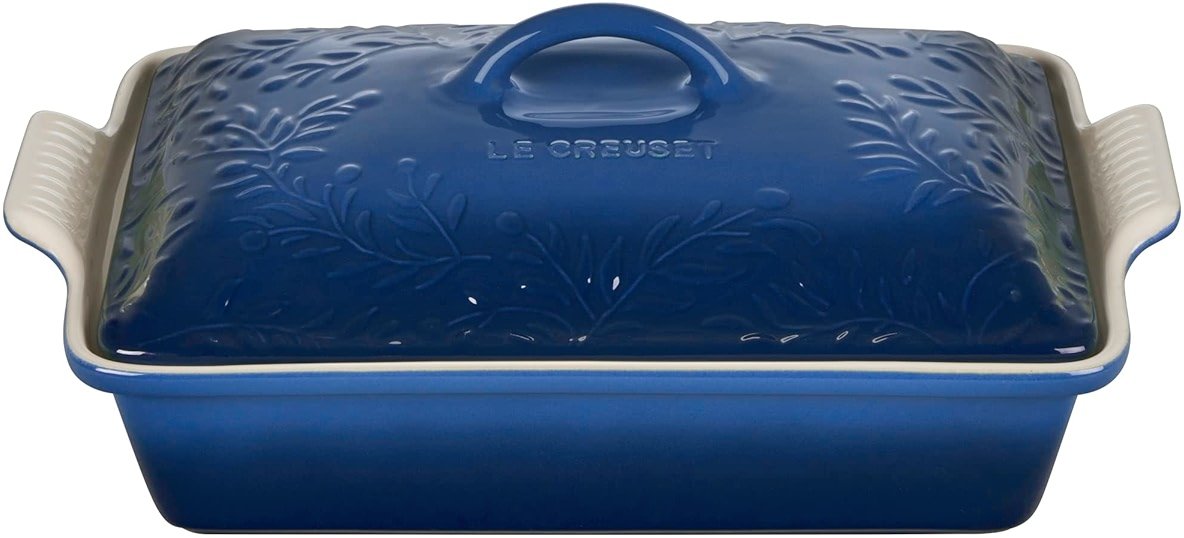 Le Creuset Olive Branch Collection Stoneware Heritage Covered Rectangular Casserole, 4 qt., Marseille with Embossed Lid - Product Image