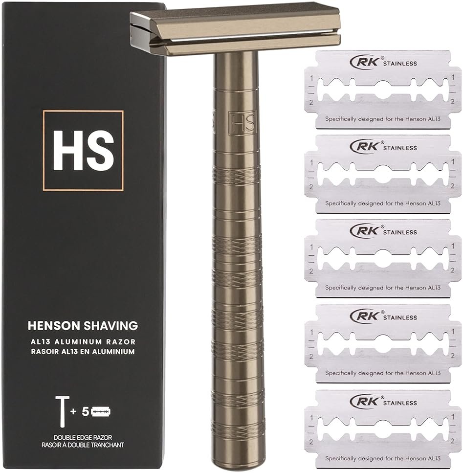 Henson Shaving Razor - Tan Double Edge Safety Razor with 5 Spare Blades - 30° Angled Precision With Superior Blade Rigidity- Reusable Single Blade Razors For Men and Women - Mild Aggression - Product Image