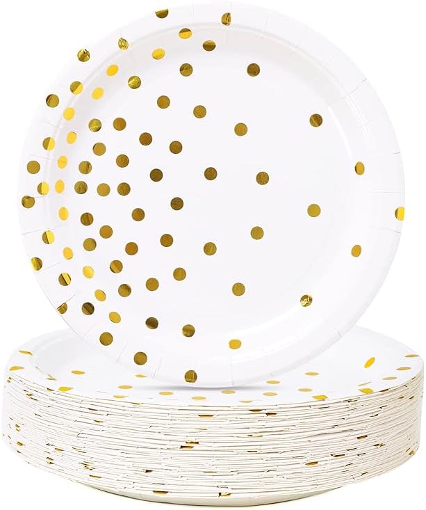 CENLBJ White and Gold Party Supplies, Gold Dot Paper Dessert Plates (50-Count) - Product Image