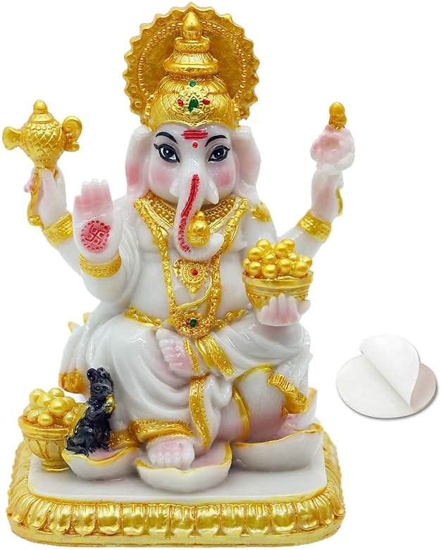 alikiki Indian Idol Lord Ganesh Statue - 4.1”H Marble Color Hindu God Ganesha for Car Decor Ganpati Sculpture India Temple Mandir Home Office Altar Pooja Item Wedding Diwali Puja Return Gifts - Product Image