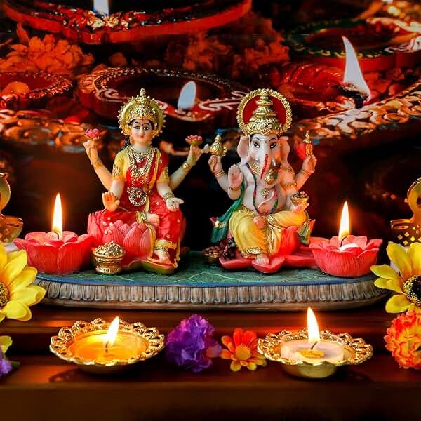Indian God Ganesha Lakshmi Statue - 5.3”H Indian Idol Laxmi Ganesh with LED Diyas for Diwali Gifts Decor Home Office Mandir Temple Altar Puja Item Hindu Murti Pooja Sculpture - Product Image
