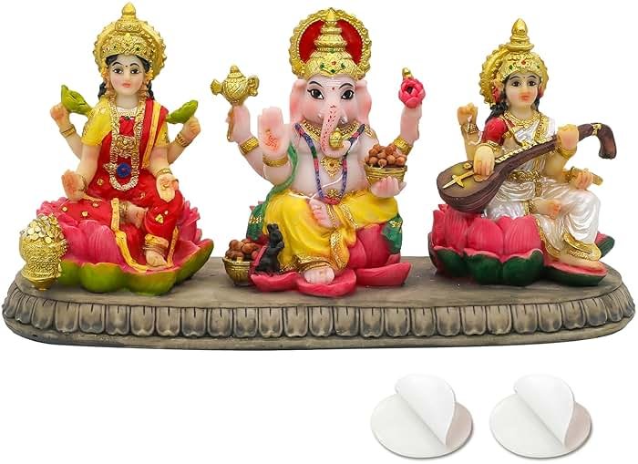 alikiki India Laxmi Ganesh Saraswati Statue - 3.9”H Indian God Lakshmi Ganesha Saraswati Idol Figurine Hindu Diwali Gifts Diwali Decoration Home Office Mandir Temple Pooja Item - Product Image