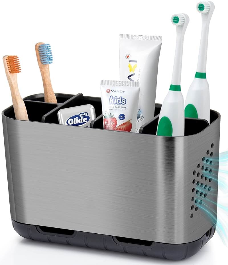 Boperzi Toothbrush and Toothpaste Holder Brushed Nickel Drainage for Bathroom Vanity, Large Electric Toothbrush Storage Caddy Anti-Slip Rustic with Adjustable Dividers for Family, Kids - Product Image