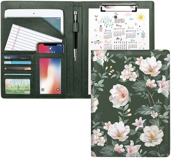 WAVEYU Portfolio Case for Women, Padfolio Cover for Girls, Conference/Resume/Legal Document Organizer with Letter/A4 Size Clipboard Hardboard, Business Card Holders, Green Flower - Product Image