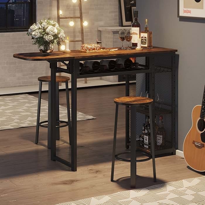 Bestier Bar Table and Chair Set, Expandable Dining Table with 2 Bar Stools, Industrial Kitchen Counter with Wine Rack & 3 Tier Adjustable Storage Shelves Rustic Brown - Product Image