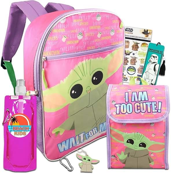 Fast Forward Baby Yoda Backpack with Lunch Box for Girls Set - Bundle with Baby Yoda Backpack, Baby Yoda Lunch Bag, Water Bottle, Stickers, Keychain, More | Star Wars Backpack for Girls - Product Image