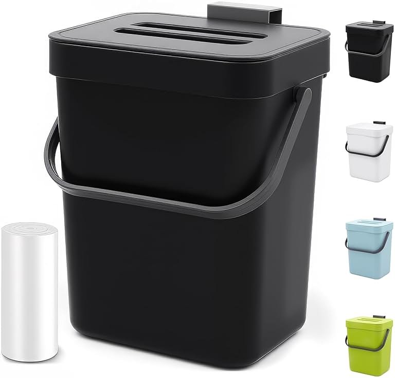 MONGTINGLU Countertop Compost Bin - 1.3 Gallons Hanging Small Trash Can with Lid for Kitchen Bathroom, Under Sink Kitchen Trash Can, Indoor Counter Compost Bucket with Lid, 5L(Black) - Product Image