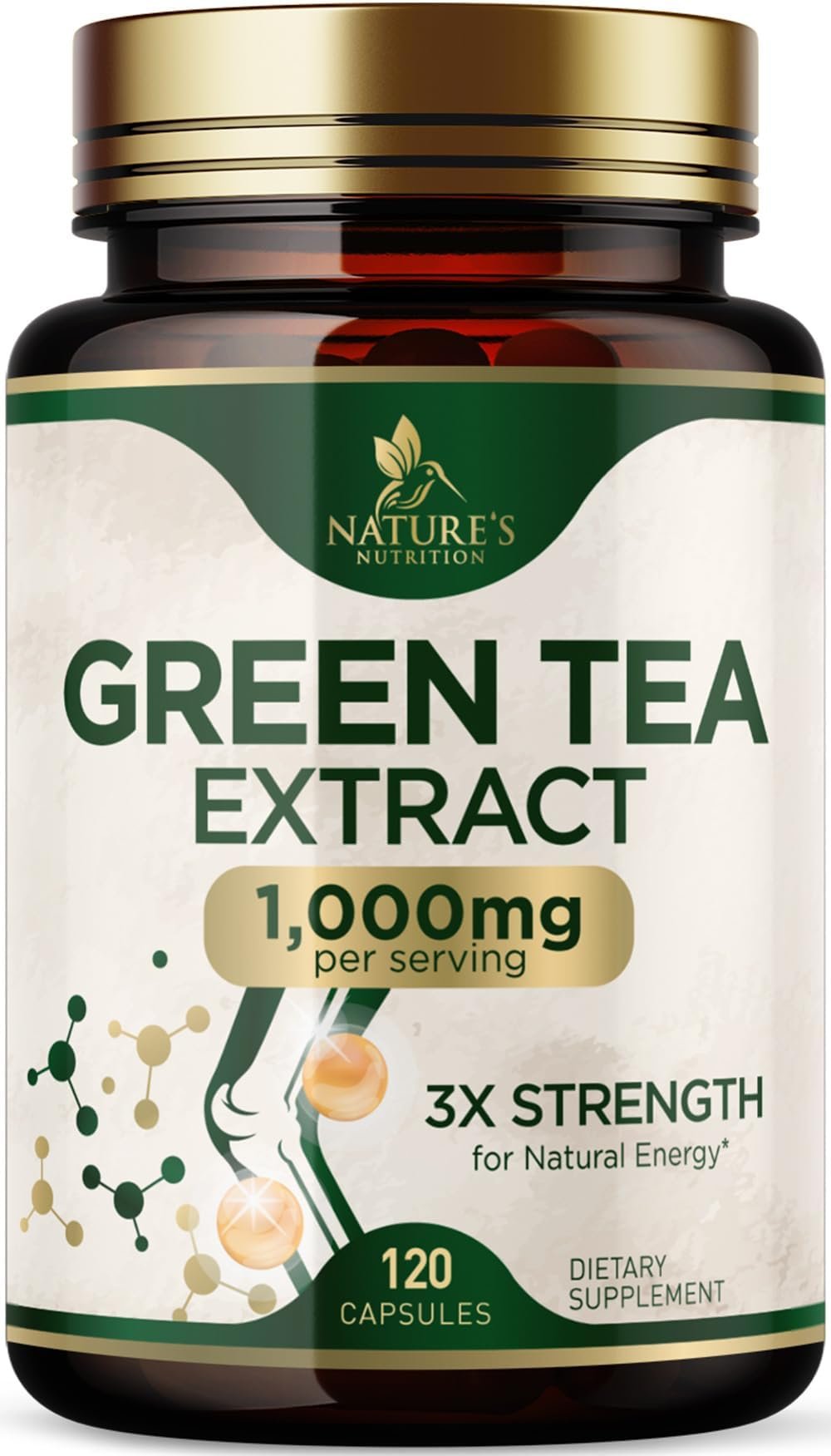 Green Tea Extract 1000mg Per Serving - Standardized 45% EGCG & 98% Polyphenols - 3X Strength Green Tea Pills for Energy, Supports Heart Health, Herbal Supplement, Vegan, Bottled in USA - 120 Capsules - Product Image