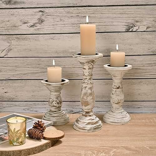 Yorkmills Pillar Candle Holder Set of 3, Farmhouse Decor Living Room Tall Candle Holders for Pillar Candles, Wood Candle Holders for Table Centerpieces White Home Decor Kitchen Dining Room Table Decor - Product Image