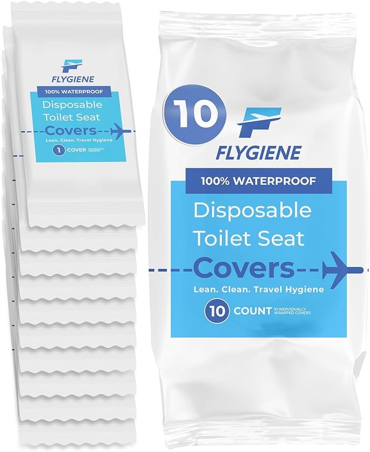 Flygiene Disposable Toilet Seat Covers for Travel – Waterproof, Tear-Resistant XL Toilet Liners with 2 Layers of Protection – Individually Wrapped Travel Size Toiletries - 10 Count (1 Pack of 10) - Product Image