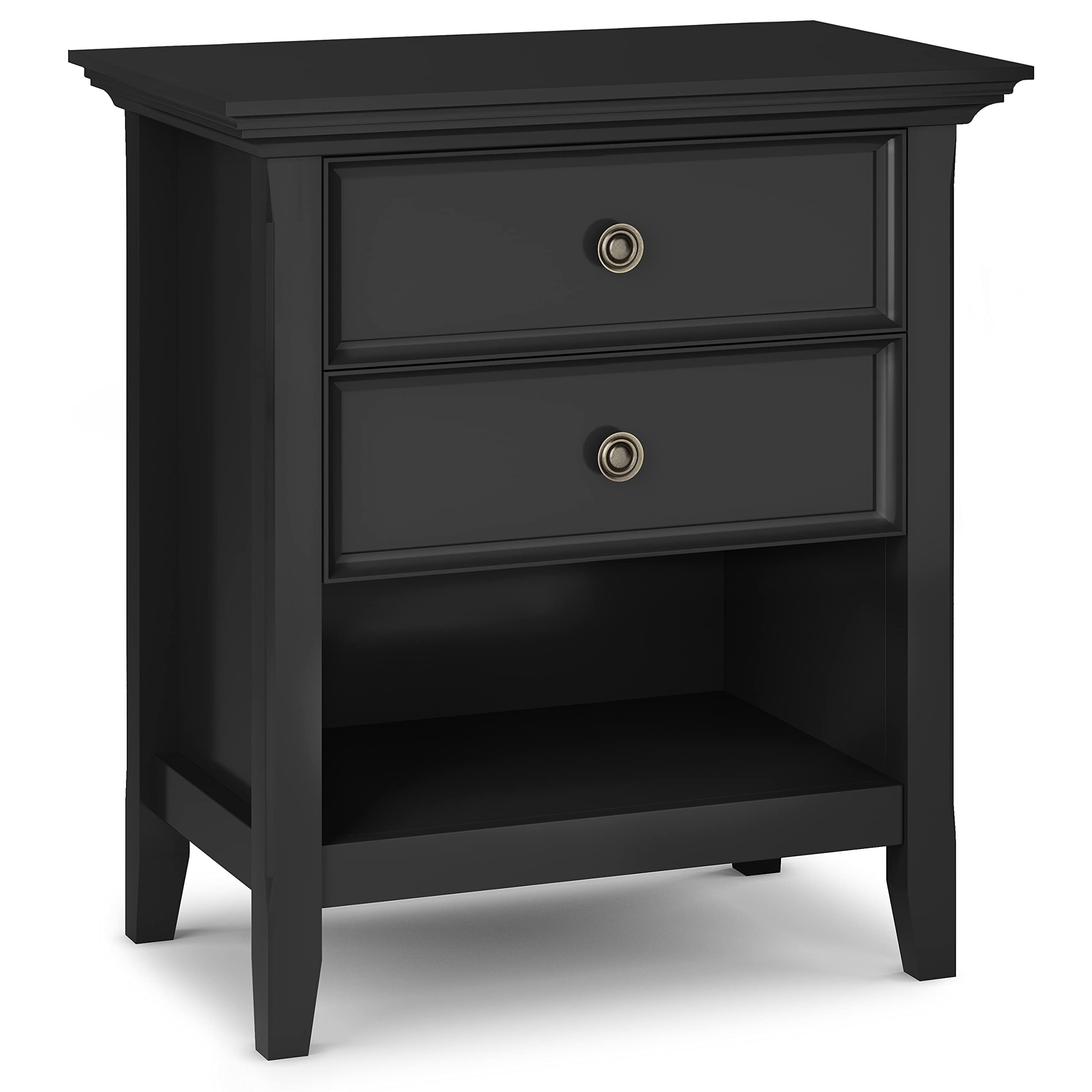 SIMPLIHOME Amherst Bedside Table - 24 inch Wide Solid Wood Nightstand Table in Black, Transitional Bedroom Side or End Table with 2 Drawers, Open Storage Shelf and Bronze Hardware - Product Image