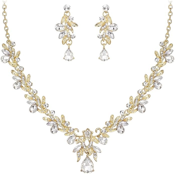 BriLove Women's Wedding Jewelery Set Leaf Flower Crystal Teardrop Marquise Cluster Pendant Necklace Dangle Earrings for Bridal Party - Product Image