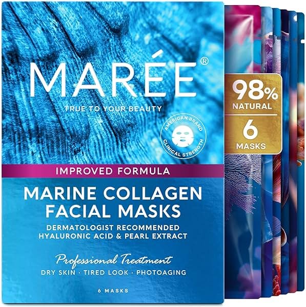 MAREE Collagen Facial Mask with Hyaluronic Acid — Sheet Face Mask Skincare — Centella Asiatica, Green & Red Algae Extract — Hydrating Facemask For Women Skin Care — Mascarillas Para La Cara — 6 Count - Product Image