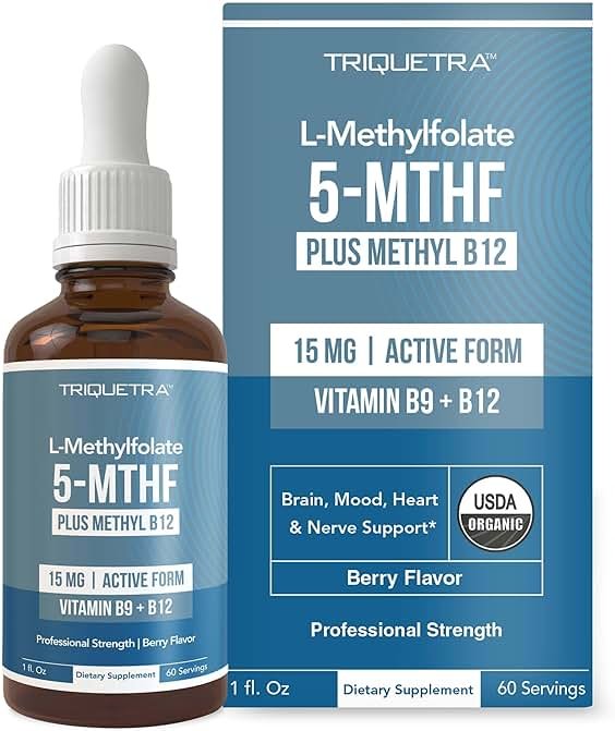 L Methyl Folate 15mg Plus Methyl B12 Cofactor – Organic Berry Flavor, High Potency Liquid Sublingual Active 5-MTHF Form - Supports Mood, Methylation, Cognition – Bioactive Forms Vitamin B9 & B12 (1oz) - Product Image