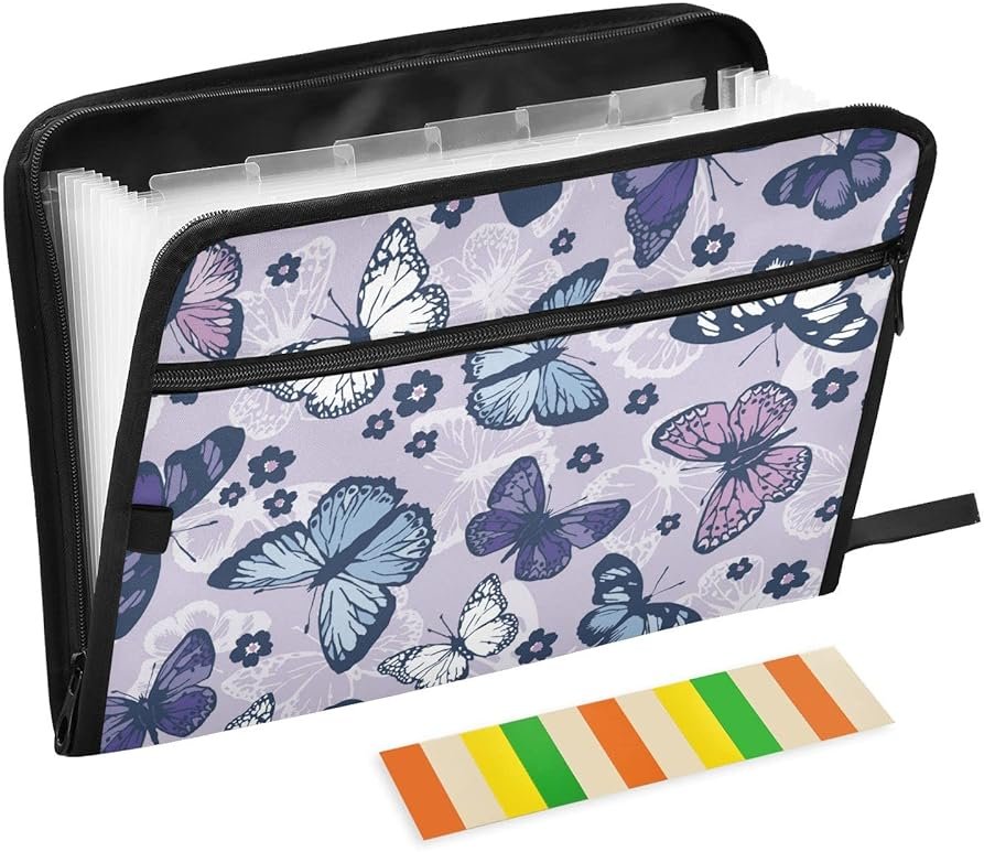 pnyoin Expanding File Folder,13 Pocket Accordion File Folders with Sticky Labels, A4 Letter Size Paper Document Organizer with Zipper Closure for Office School Boys Girls,Butterfly and Flower - Product Image