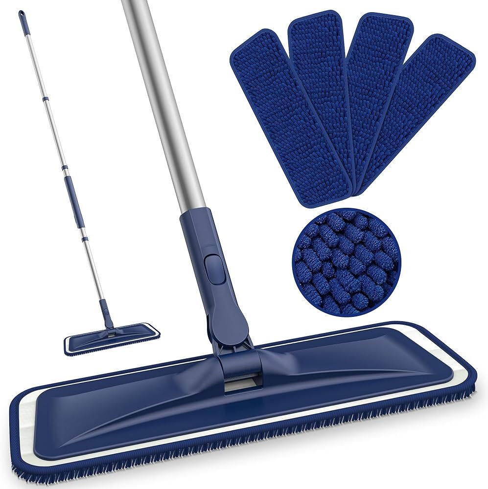 BPAWA Microfiber Mops for Floor Cleaning - Flat Floor Mop with 4 Washable Chenille Pads Dry Dust for Hardwood Laminate Wood Tile Vinyl Wall Hard Surfaces - 150cm Adjustable Long Handle - Product Image