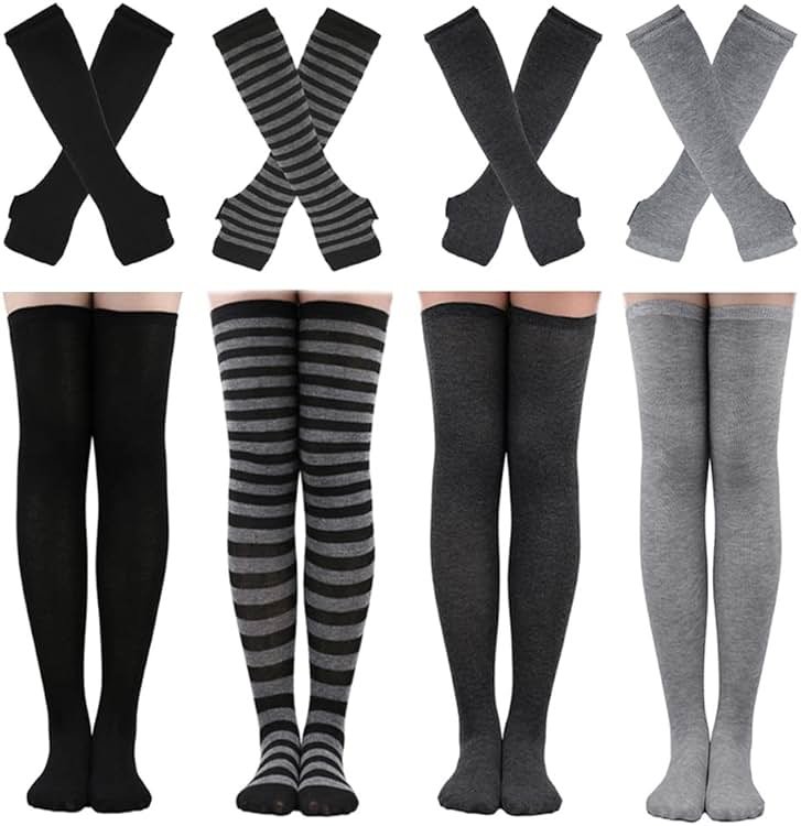 Barrlves 2/4 Sets Womens Striped Knee High Socks Long Knitted Arm Warmers Fingerless Gloves for Halloween Costume - Product Image