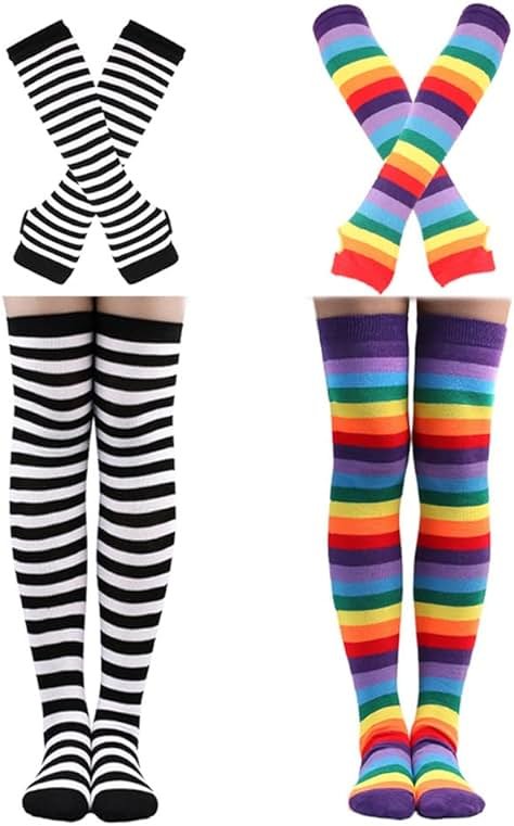 Barrlves 2/4 Sets Womens Striped Knee High Socks Long Knitted Arm Warmers Fingerless Gloves for Halloween Costume - Product Image