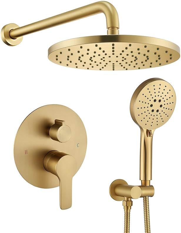 Iriber Shower System Wall Mounted Shower Faucet Mixer Set with Luxury High Pressure Shower head and 3-Setting Handheld, Bathroom Shower Trim Kit Contain Pressure Balance Valve,Brushed Gold - Product Image