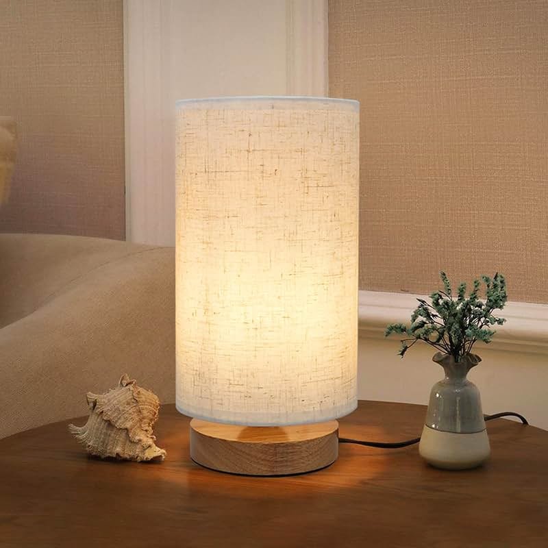 Small Bedside Night Table Lamp for Bedroom, Minimalist Nightstand Lamp with Round Fabric Linen Shade, Study Reading Desk Lamp for Kids Room, Living Room, College Dorm, Home, Office - Product Image