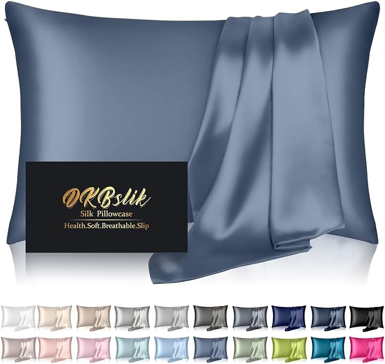Silk Pillowcase for Hair and Skin, Mulberry Silk Pillow Cases Standard Size, Anti Acne Cooling Sleep Both Sides Natural Silk Satin Pillow Covers with Hidden Zipper, Gifts for Women Men, Ash Blue - Product Image