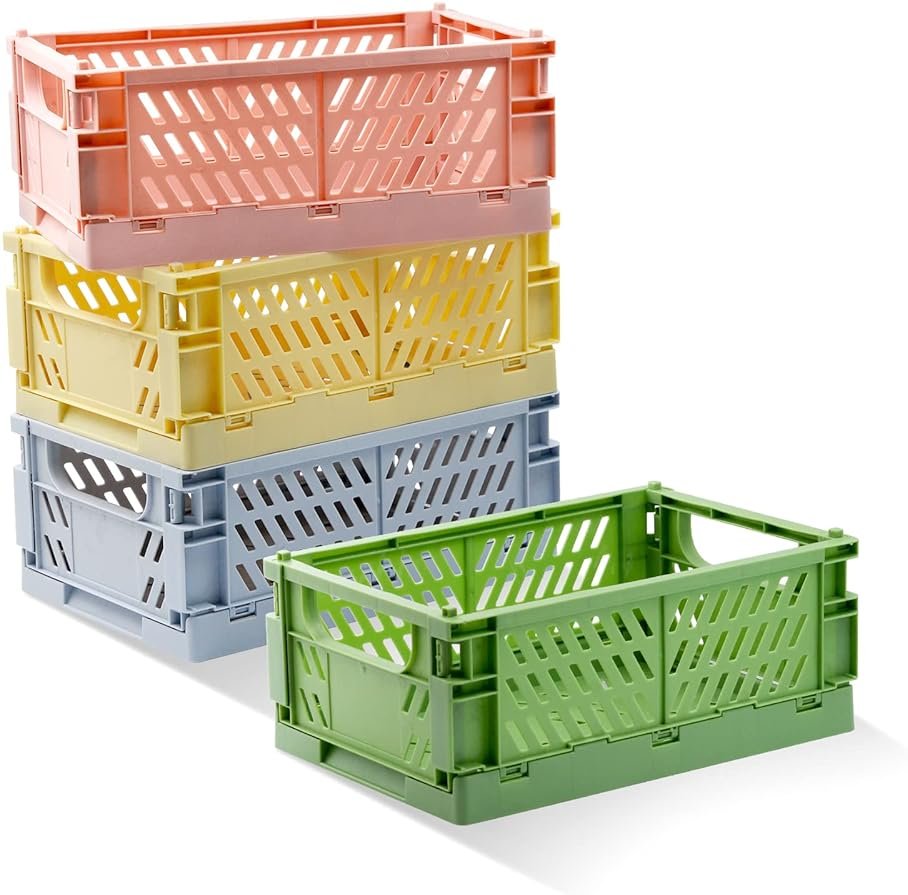 Xhwykzz 4 Pack Pastel Crates for Storage, Plastic Folding Basket, Colorful Small Storage Containers for Bedroom Office Classroom Bathroom Desktop Drawer Organizer Decor (9.8x6.5x3.8inch) - Product Image