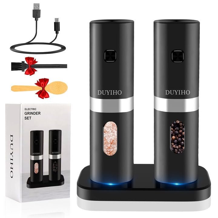 Rechargeable Electric Salt and Pepper Grinder Set with Double Charging Base, Support Battery Operated, Refillable Spice Automatic Mill Shakers Set with Adjustable Coarseness and LED Light - Product Image