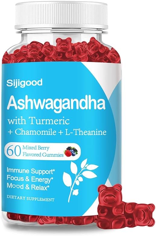 Sijigood Ashwagandha Gummies with L-theanine, Ashwa Root Supplement Gummy for Women Men, 60 Mixed Berry Flavored Gummies - Product Image