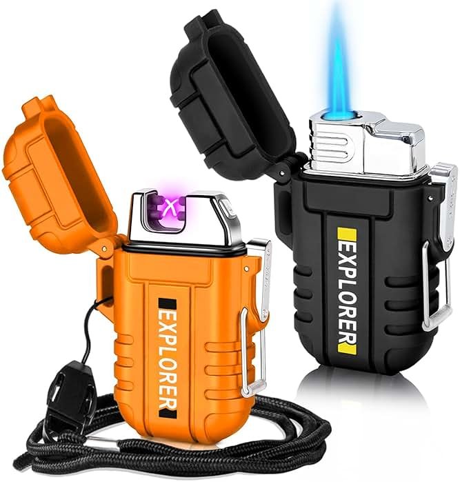 2 Pack Waterproof Lighter Outdoor Windproof Torch Lighters Dual Arc Butane Electric Lighters USB Rechargeable Lighters Flameless Plasma Lighter Camping Hiking Adventure Survival Tactical Gear - Product Image