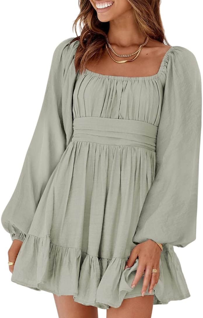 Dokotoo Womens Dress Long Lantern Sleeve Square Neck Tie Backless Sexy Dress Ruffle Elastic Waist A-Line Mini Dress - Product Image