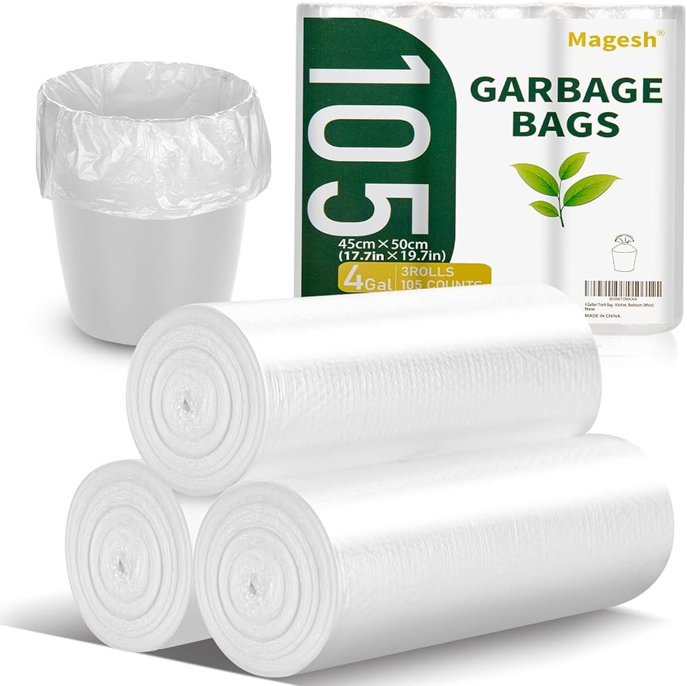 Magesh 4 Gallon Trash Bag Strong, Leakage-Free, Small Garbage Bags Unscented Thick for Bathroom, Office, Kitchen Small Trash Can, 15L, 105 Bags, Clear - Product Image