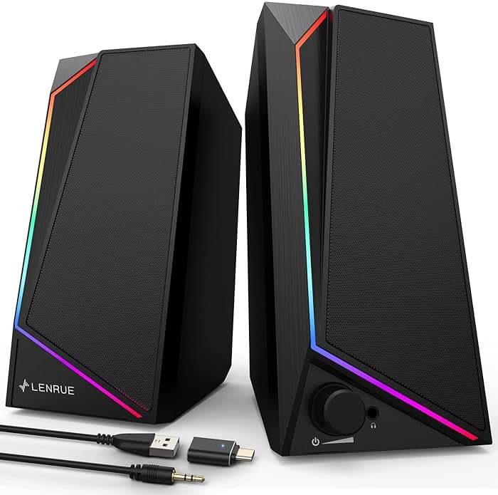 LENRUE Computer Speakers, USB/USB-C Powered PC Speakers with Loud Stereo Sound, Headphone-in for Desktop, iMac, MacBook, Laptop, Monitor (USB-C to USB Adapter Included) - Product Image
