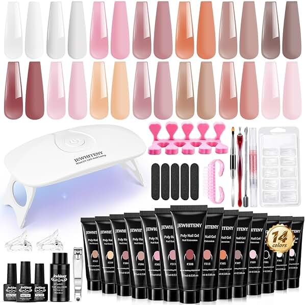 JEWHITENY Poly Extension Gel Nail Kit 14 PCS Poly Gel Kit with Slip Solution and Mini Lamp Nail Art Design Beginner - Product Image